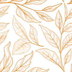 Wall Mural - Autumn Fall pattern. Floral foliage texture. Flourish leaves decor. Autumnal Nature Seamless Background. Line art Drawing for your design