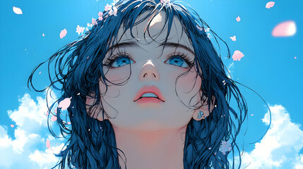 Poster - Girl with Blue Eyes Looking Up at the Sky with Pink Petals Falling