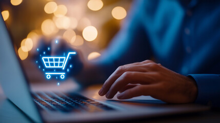 Man Clicking a Virtual Shopping Cart on a Digital Interface for an Online Purchase A focused business professional interacts with a virtual shopping cart icon while using a laptop.