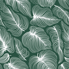 Wall Mural - Winter holiday nature seamless pattern. White line drawn flowing leaves texture.