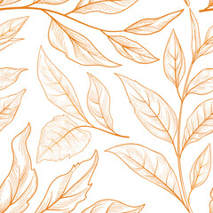 Wall Mural - Autumn Fall pattern. Floral foliage texture. Flourish leaves decor. Autumnal Nature Seamless  Background. Line art Drawing for your design