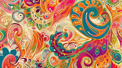 Wall Mural - Retro wallpaper featuring paisley motifs vibrant hues and comic-style accents