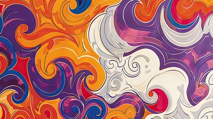 Poster - Retro chic wallpaper with swirling shapes bright color bands and comic details