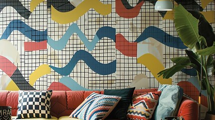 Canvas Print - Layered color blocks zigzag patterns and comic lines in a retro wallpaper