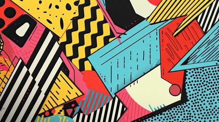 Wall Mural - Geometric shapes bold colors and comic accents in a dynamic 70s wallpaper