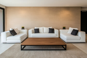 Poster - Modern living room with cozy white sofas and a wooden coffee table in a stylish, minimalist design setting