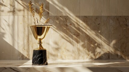 Wall Mural - Contemporary gold and black trophy with a marble base framed by soft beige wallpaper