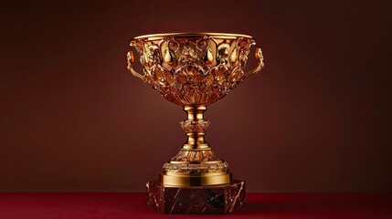 Wall Mural - Gold trophy with intricate design and marble base featured against a deep burgundy backdrop