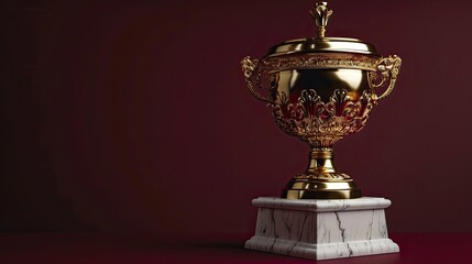 Gold trophy with intricate design on marble base against rich burgundy background