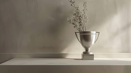 Wall Mural - Simple matte silver trophy with modern design set against a plain soft gray backdrop