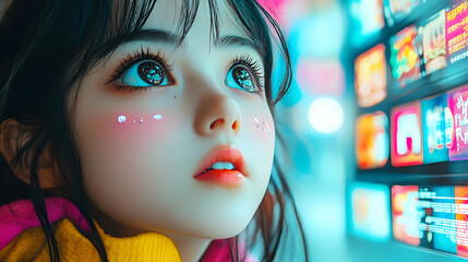 Sticker - Girl Gazing Upwards with Sparkling Eyes in Neon City