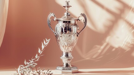 Wall Mural - Silver trophy with slim tall design and engravings framed by soft peach wallpaper