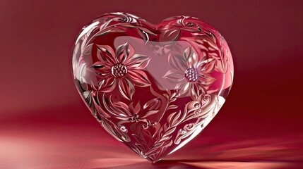Wall Mural - Heart-shaped crystal trophy with floral pattern displayed on deep wine-red background