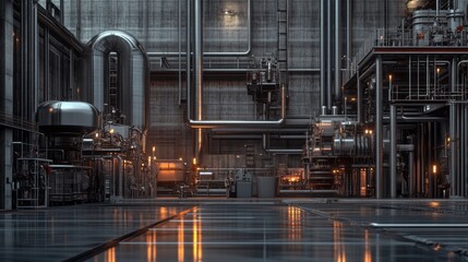Poster - A large industrial building with many pipes and machinery