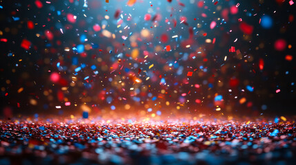 Poster - vibrant 3d projection of multicolored confetti floating in dark background, festive and celebratory 