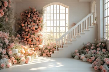 Beautiful wedding backdrop with flowers and staircase generative AI	
