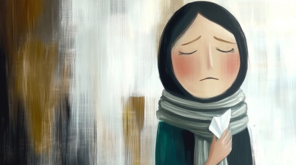 Illustration of a worried girl in a scarf, holding a paper heart, depicting feelings of illness and anxiety