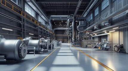 Poster - A large industrial building with a lot of machinery and pipes