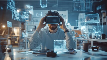 Aufkleber - A virtual reality designer creates immersive experiences in a modern studio with 3D objects surrounding him. Generative AI