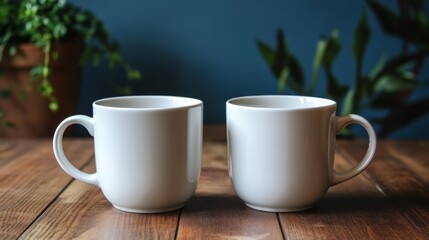 Two White Coffee Mugs on Wooden Table