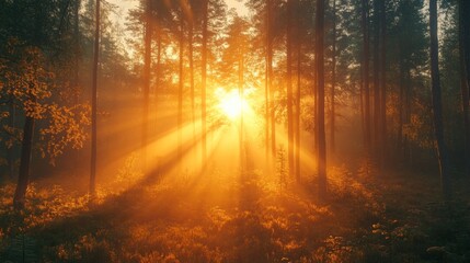 Wall Mural - Sunrise through dense forest