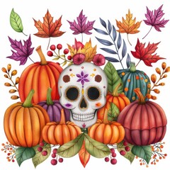 Wall Mural - A colorful arrangement featuring a decorated skull, various pumpkins, and autumn leaves, celebrating themes of harvest and the Day of the Dead.