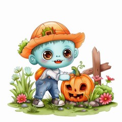 Wall Mural - A cute cartoon character with blue skin, a straw hat, and overalls, stands beside a jack-o'-lantern in a colorful, flower-filled garden.