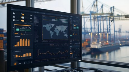 Sticker - A digital dashboard displaying global trade data, with a view of shipping containers and cranes in the background.