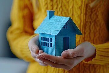 Woman hands holding blue house model, real estate concept, Ai Generated