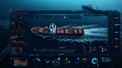 A detailed view of a cargo ship navigating waters, featuring a digital interface displaying operational stats and analytics.