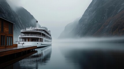 Cruise ship docked in a misty Nordic fjord, with passengers disembarking to explore the rugged landscape, Nordic fjord, mysterious beauty