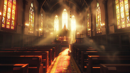 A dark, serene chapel interior, with sunlight streaming through stained glass windows and empty pews, embodying spiritual silence.