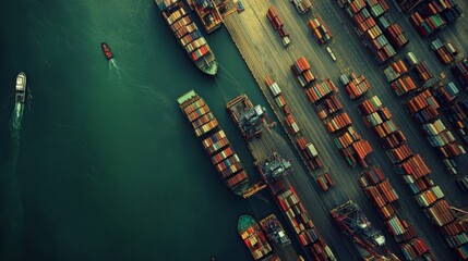 Aerial view of a busy port with numerous shipping containers, boats, and water, showcasing maritime logistics and trade.