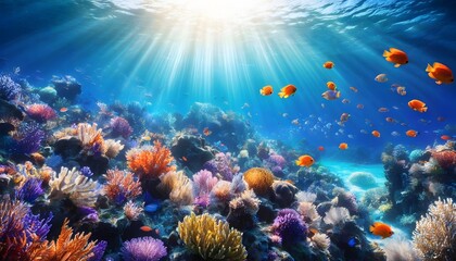 Wall Mural - Dazzling Underwater Wonderland Bathed in Sunlight, Showcasing Vibrant Marine Life and Coral Wonders