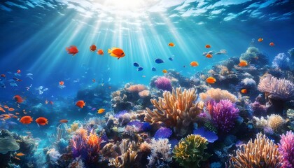 Wall Mural - Dazzling Underwater Wonderland Bathed in Sunlight, Showcasing Vibrant Marine Life and Coral Wonders