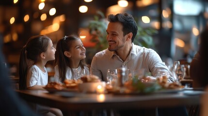 Wall Mural - A man and two children are sitting at a table in a restaurant, smiling