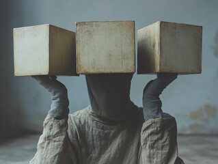 Poster - Concept of a concrete block head symbolizing burden and stres