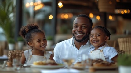 A man and two children are sitting at a table with food in front of them