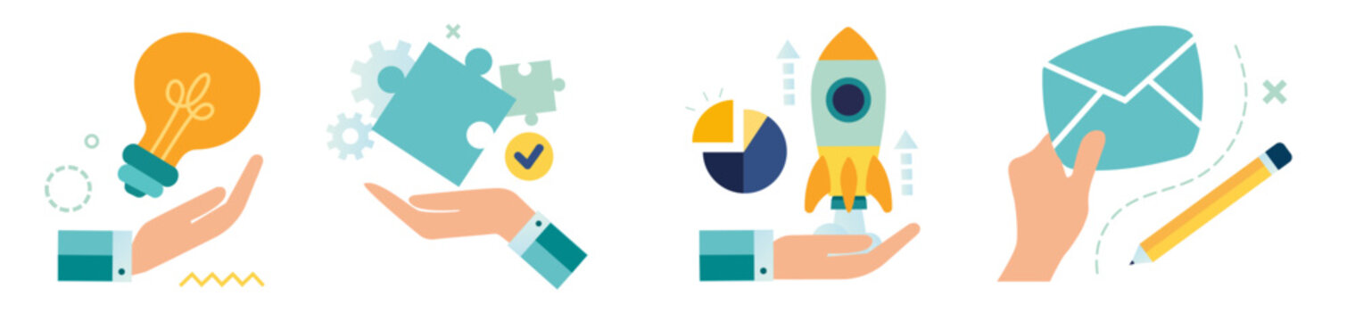 Hands with icons for business and launch new creative ideas. startup icons web site flat vector illustrations with hand Brain activity abstract