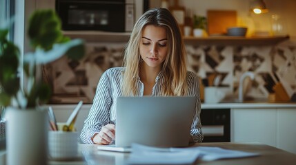 Wall Mural - Young Businesswoman Working on Laptop in Modern Kitchen