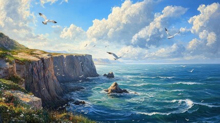 Idyllic painting of a coastal landscape, cliffs overlooking the ocean with seagulls flying above. Serene and timeless for wall decoration.