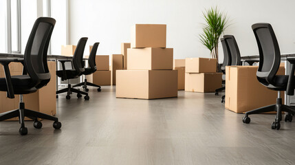 empty workspace with office chairs pushed to side, surrounded by cardboard boxes, creates sense of transition and change. presence of plant adds touch of life to otherwise vacant area