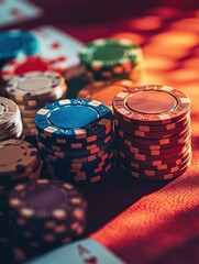 Fototapete - A vibrant casino table with colorful poker chips during a lively game night in Las Vegas. Generative AI