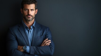 Poster - Serious Man with Folded Arms Against a Dark Background