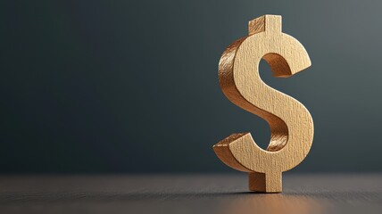 Golden dollar sign standing on a wooden surface, dark background.