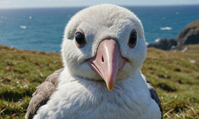 Wall Mural - a young albatross stares into the camera on a cliff overlooking the ocean