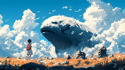 Poster - A Girl Gazes Up at a Giant Whale-Shaped Cloud in the Sky