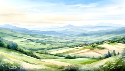 Wall Mural - Breathtaking panoramic spring landscape of mountains and meadows adorned with vibrant wildflowers under a clear blue sky