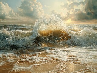 Canvas Print - Dramatic Ocean Wave at Sunset - Seascape Painting