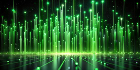 Poster - 3D Abstract Digital Wallpaper with Green Neon Lines and Glowing Particles Falling on Black Background